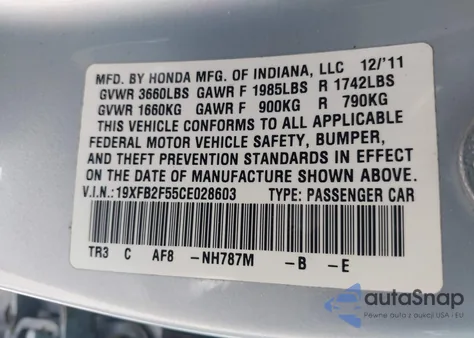 2012 Honda Civic Lx z USA, uszkodzony, nr VIN 19XFB2F55CE028603